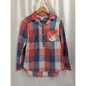 Merona women's Half Button Up Red, White & Blue Plaid Polka Dot Shirt, F10
